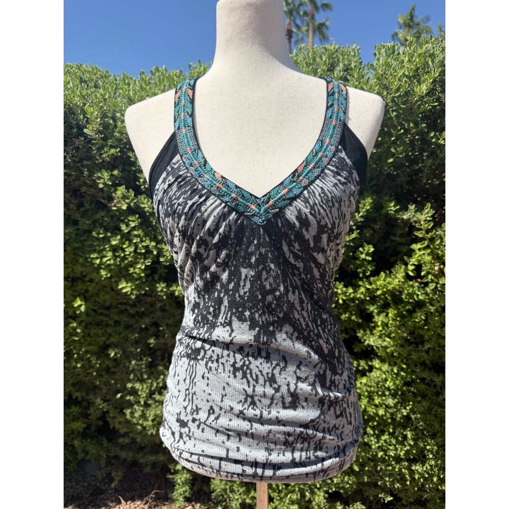 Lulumari Y2K Beaded Embroidered Tank Top Gray Black Print T-Back Cami Small Boho